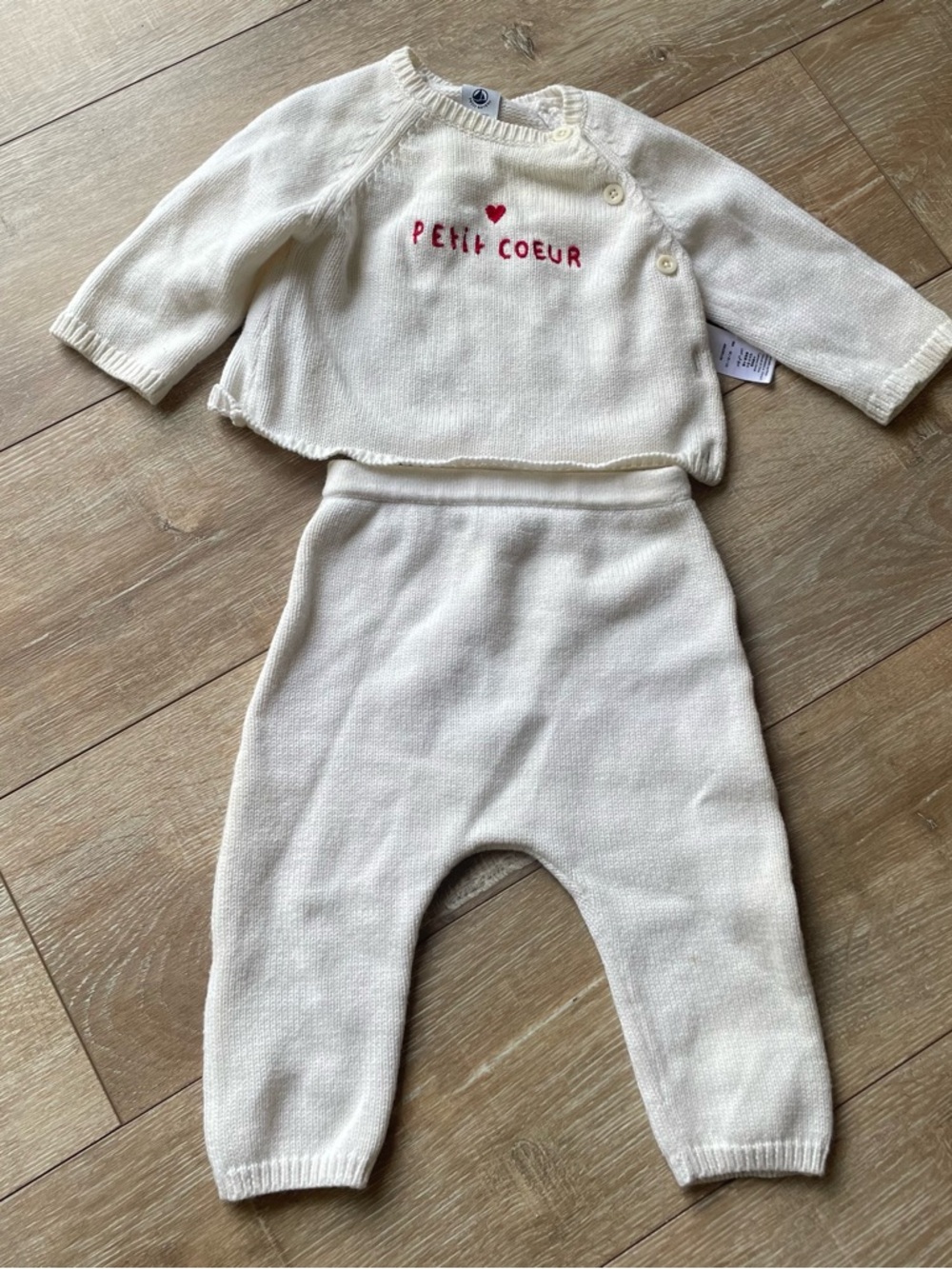 Petit Bateau Cream Knit Baby Matching Set with Red Accent